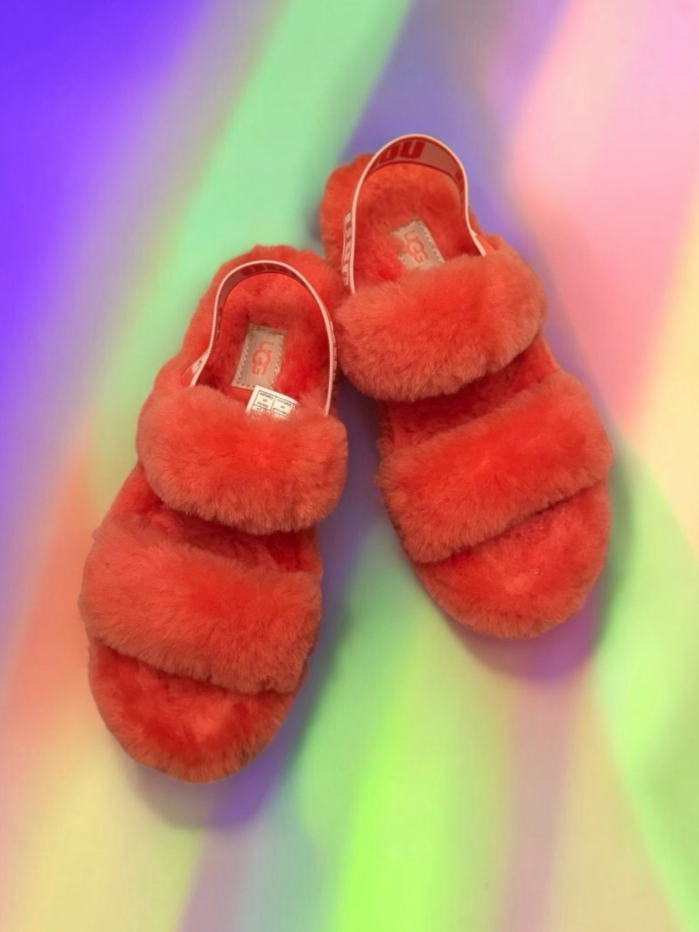 💗UGG Women’s Oh Yeah Slide On Plush Platform Sandals • POP CORAL • 38 EU / 7 US
